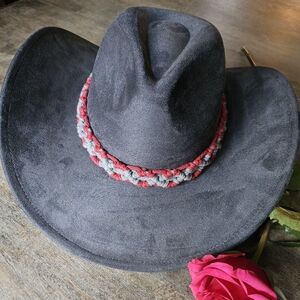 Western Style Grey Cowboy Hat with Red and Gray macreme hat band